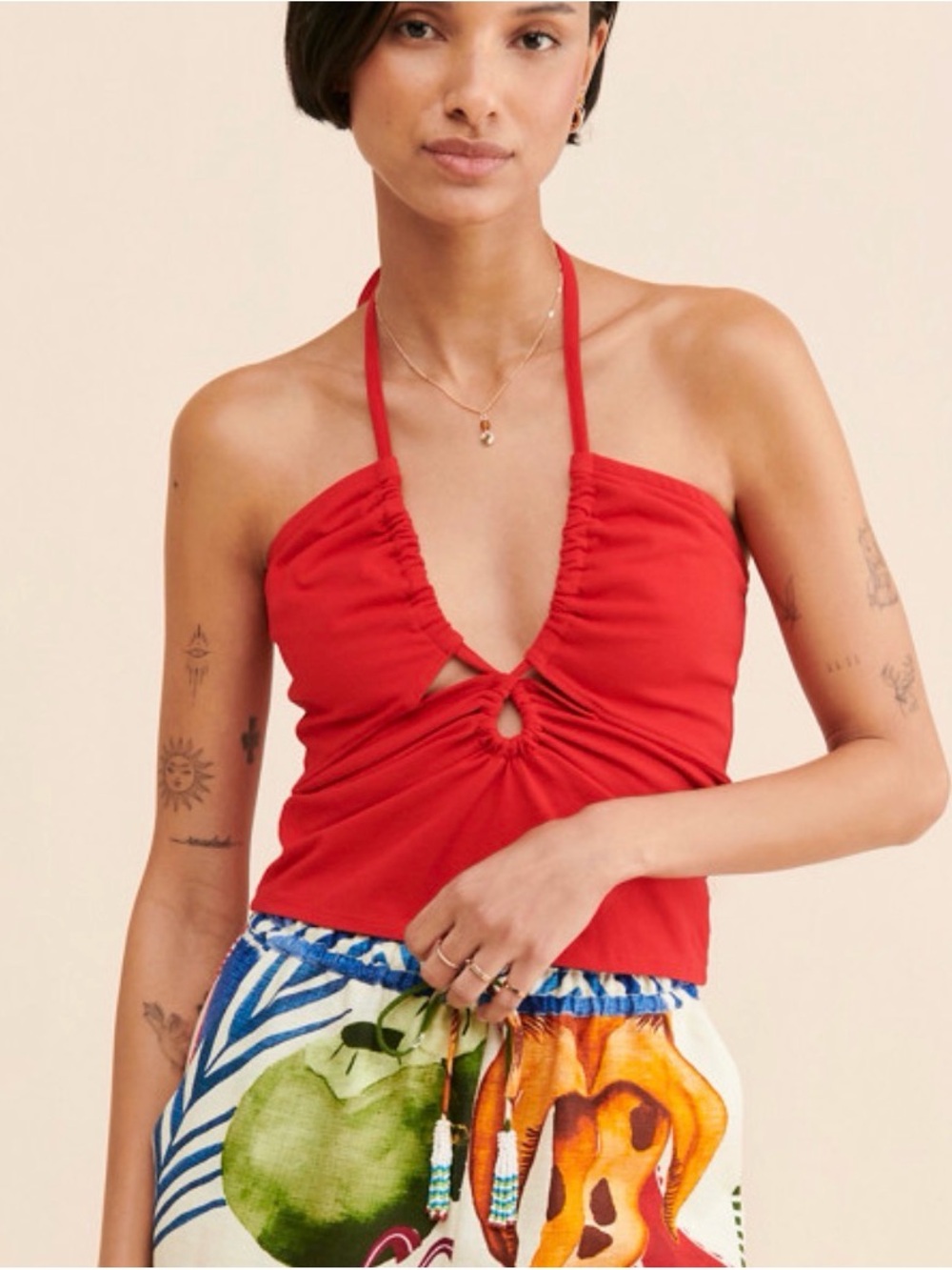 Anthropologie Red keyhole Halter Crop Top